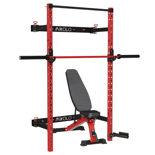 Mikolo Folding Power Rack Cage,1000lbs Capacity Wall Mounted Weight Rack with Pull-up Bar,Space Saving Home Gym Equipment with 800LB Capacity Adjustable Weight Bench and 1500LBS Capacity Barbell Combo