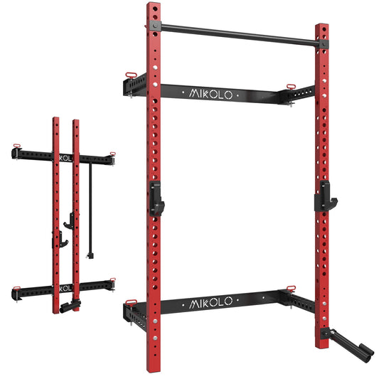 Mikolo Folding Power Rack Cage,1000lbs Capacity Wall Mounted Weight Rack with Pull-up Bar,Space Saving Home Gym Equipment(Red)