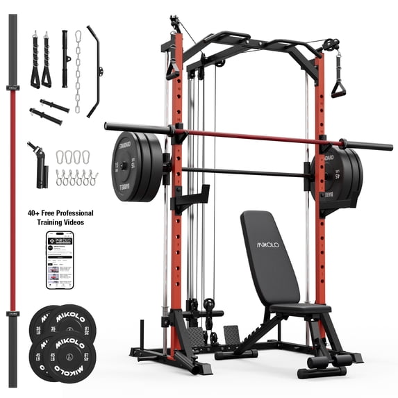 Mikolo Smith Machine Home Gym, 7-in-1 Multi-Function Squat Rack with Cable Crossover, 1000LBS Workout Station with Smith Bar, Barbell, and Weight Bench and 10lb/25lb x2 Weight Plates