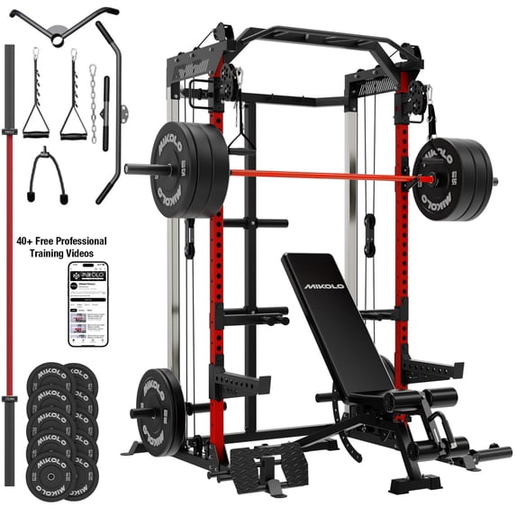 Mikolo Red Power Rack Cage with Dual Pulley Cable Crossover Machine,Multi-Function Squat Rack with J Hooks,Dip Bars and Landmine for Home Gym with 370 Black Weight Plates