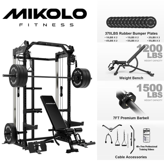 Mikolo Power Rack Cage, Weight Rack with Dual Pulley Cable Crossover Machine,Multi-Function Squat Rack with J Hooks,Dip Bars and Landmine for Home Gym (Black)