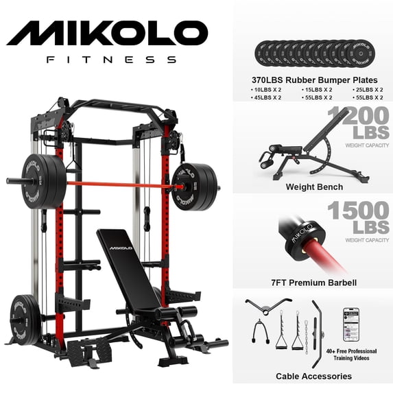 Mikolo Power Rack Cage, Weight Rack with Dual Pulley Cable Crossover Machine,Multi-Function Squat Rack with J Hooks,Dip Bars and Landmine for Home Gym (Black)