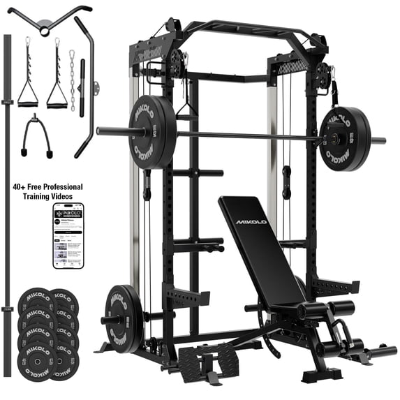 Mikolo Red Power Rack Cage with Dual Pulley Cable Crossover Machine,Multi-Function Squat Rack with J Hooks,Dip Bars and Landmine for Home Gym with 370 Black Weight Plates