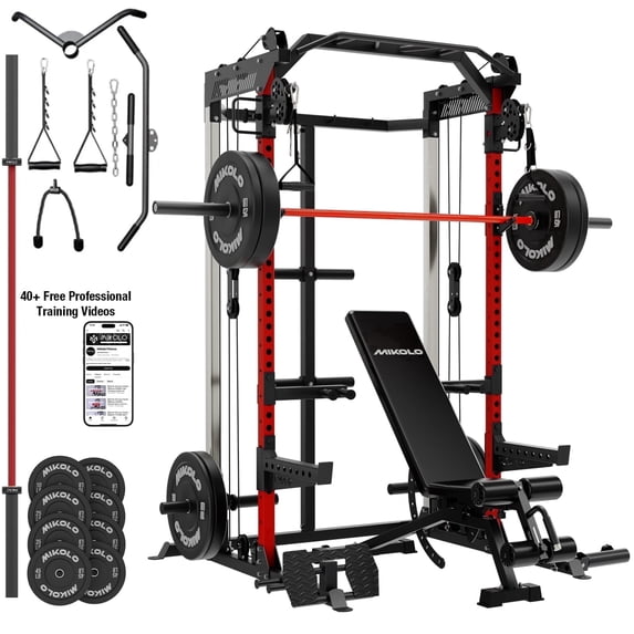 Mikolo Red Power Rack Cage with Dual Pulley Cable Crossover Machine,Multi-Function Squat Rack with J Hooks,Dip Bars and Landmine for Home Gym with 370 Black Weight Plates