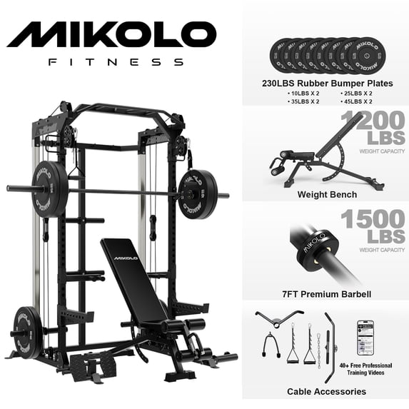 Mikolo Power Rack Cage, Weight Rack with Dual Pulley Cable Crossover Machine,Multi-Function Squat Rack with J Hooks,Dip Bars and Landmine for Home Gym (Black)