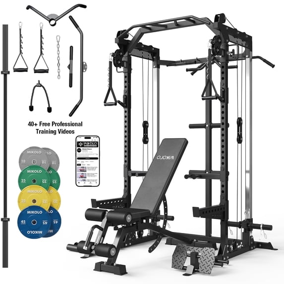 Mikolo Red Power Rack Cage with Dual Pulley Cable Crossover Machine,Multi-Function Squat Rack with J Hooks,Dip Bars and Landmine for Home Gym with 370 Black Weight Plates