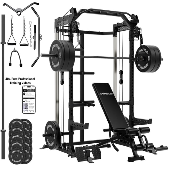 Mikolo Red Power Rack Cage with Dual Pulley Cable Crossover Machine,Multi-Function Squat Rack with J Hooks,Dip Bars and Landmine for Home Gym with 370 Black Weight Plates