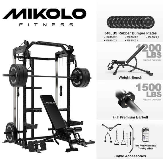 Mikolo Power Rack Cage, Weight Rack with Dual Pulley Cable Crossover Machine,Multi-Function Squat Rack with J Hooks,Dip Bars and Landmine for Home Gym (Black)