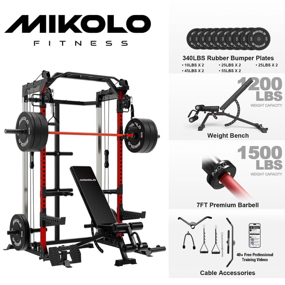 Mikolo Power Rack Cage, Weight Rack with Dual Pulley Cable Crossover Machine,Multi-Function Squat Rack with J Hooks,Dip Bars and Landmine for Home Gym (Black)