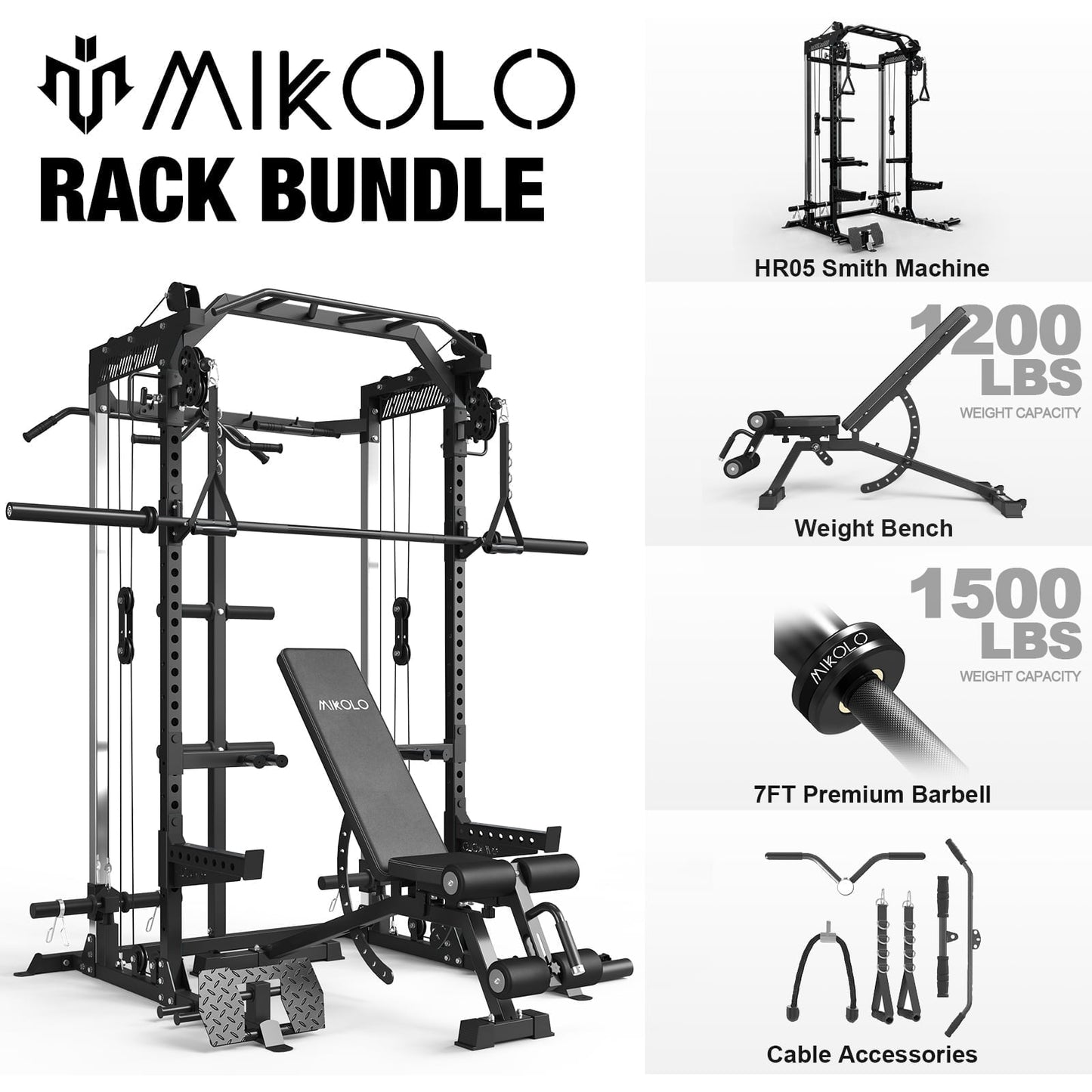 Mikolo Power Rack Cage, Weight Rack with Dual Pulley Cable Crossover Machine,Multi-Function Squat Rack with J Hooks,Dip Bars and Landmine for Home Gym (Black)