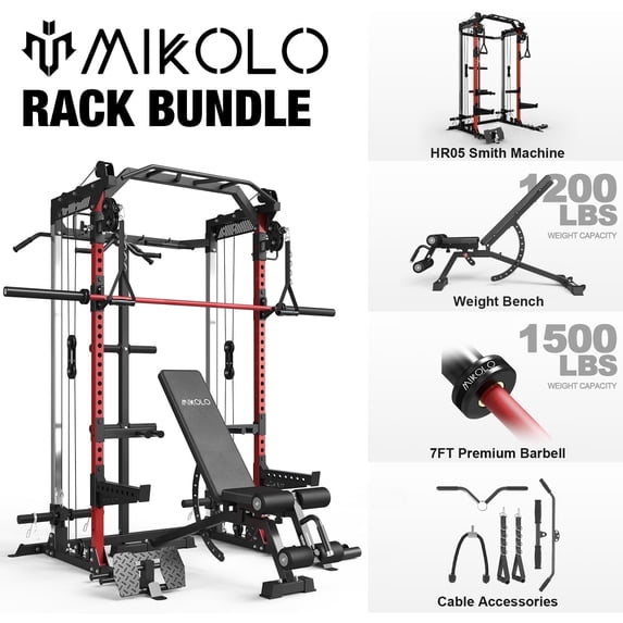 Mikolo Power Rack Cage, Weight Rack with Dual Pulley Cable Crossover Machine,Multi-Function Squat Rack with J Hooks,Dip Bars and Landmine for Home Gym (Black)