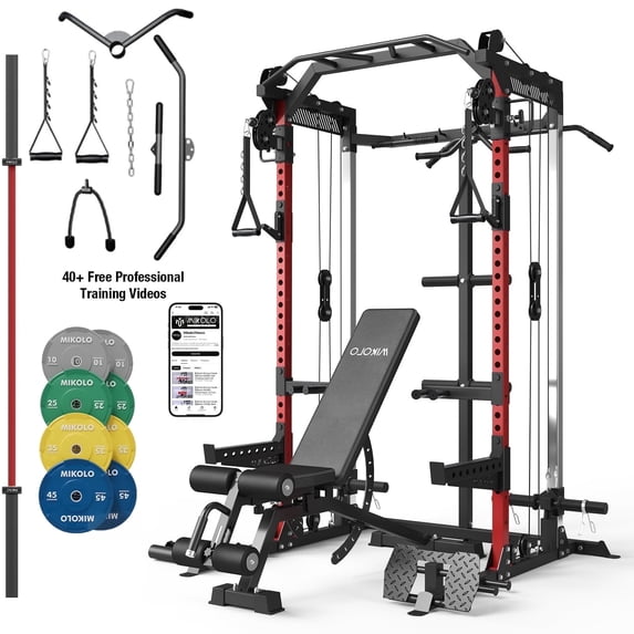 Mikolo Red Power Rack Cage with Dual Pulley Cable Crossover Machine,Multi-Function Squat Rack with J Hooks,Dip Bars and Landmine for Home Gym with 370 Black Weight Plates