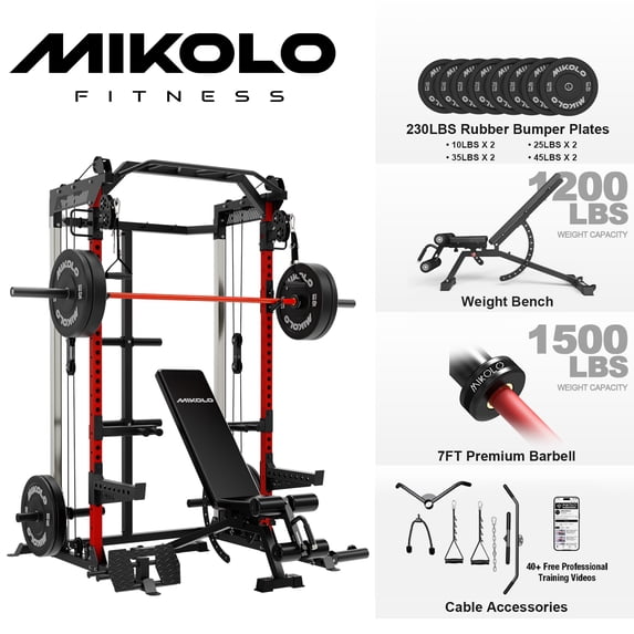 Mikolo Power Rack Cage, Weight Rack with Dual Pulley Cable Crossover Machine,Multi-Function Squat Rack with J Hooks,Dip Bars and Landmine for Home Gym (Black)