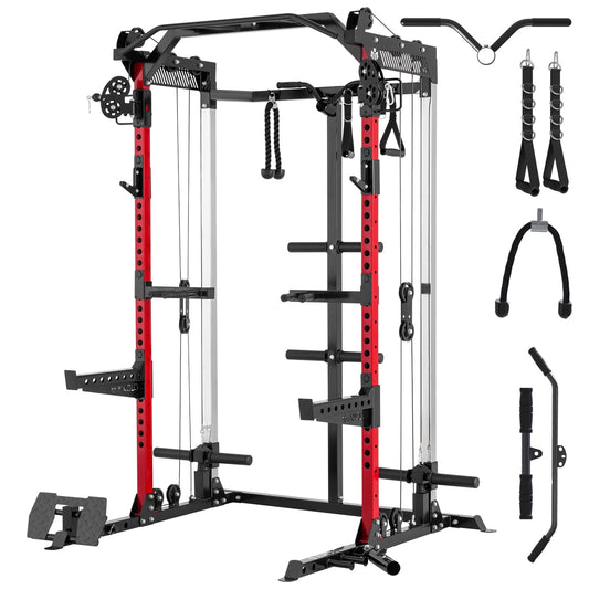 Mikolo Power Cage, Squat Rack with Dual Pulley Cable Crossover System, Multifunction Free Weight Home Gym Workout Machine with Attachments