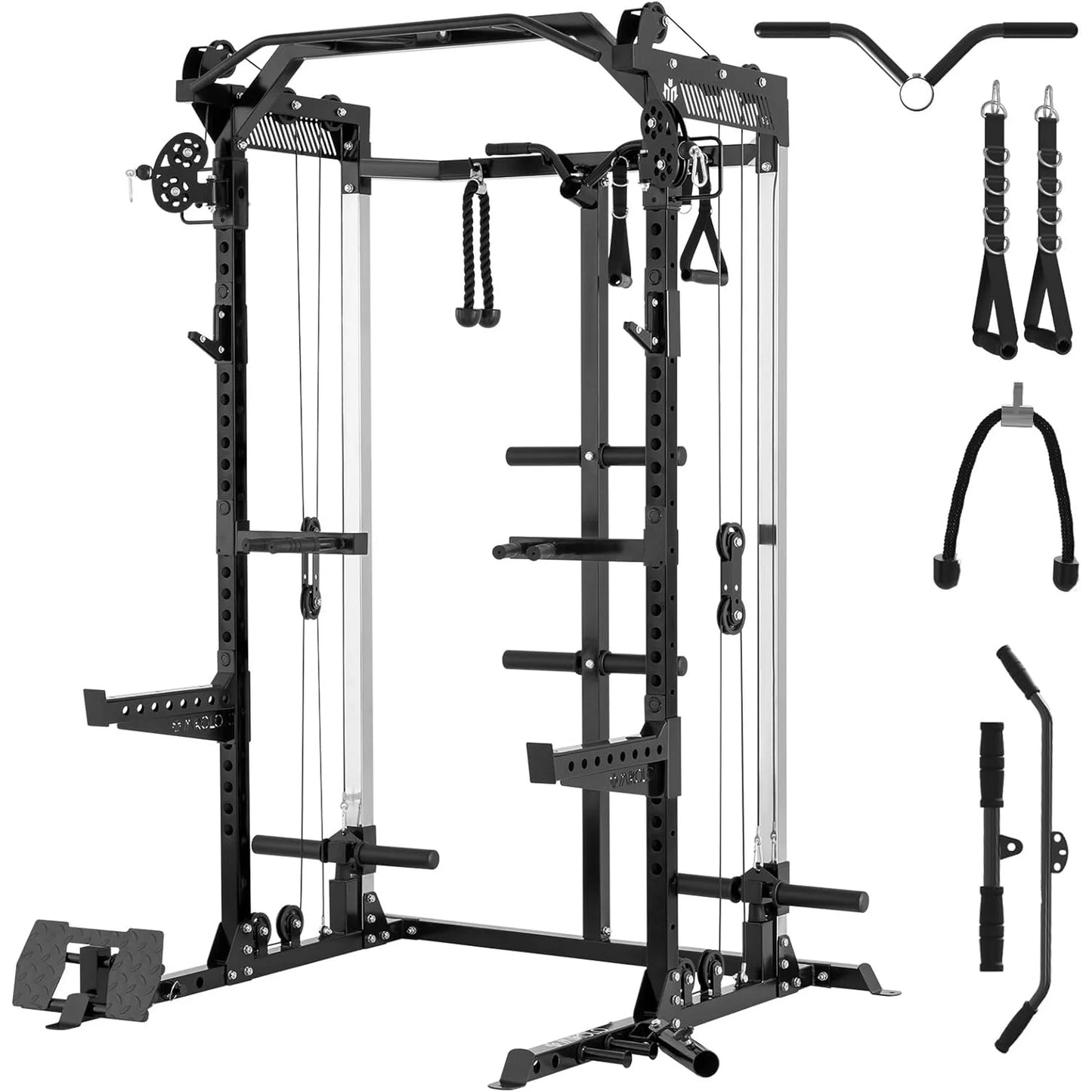 Mikolo Power Cage, Squat Rack with Dual Pulley Cable Crossover System, Multifunction Free Weight Home Gym Workout Machine with Attachments