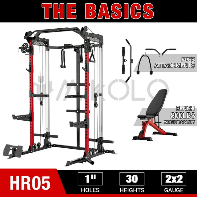 Mikolo Power Cage, Squat Rack with Dual Pulley Cable Crossover System, Multifunction Free Weight Home Gym Workout Machine with Attachments