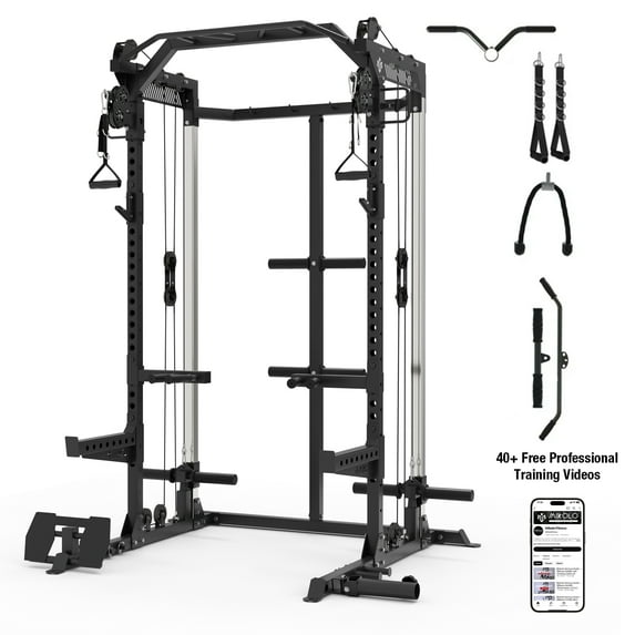 Mikolo Power Rack Cage, Weight Rack with Dual Pulley Cable Crossover Machine,Multi-Function Squat Rack with J Hooks,Dip Bars and Landmine for Home Gym (Black)