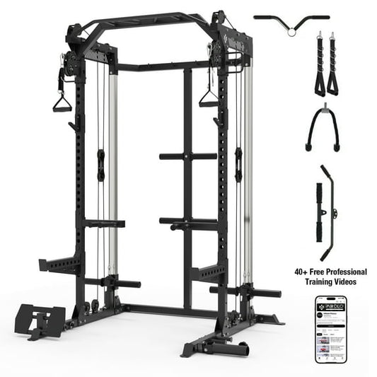 Mikolo Power Rack Cage, Weight Rack with Dual Pulley Cable Crossover Machine,Multi-Function Squat Rack with J Hooks,Dip Bars and Landmine for Home Gym (Black)