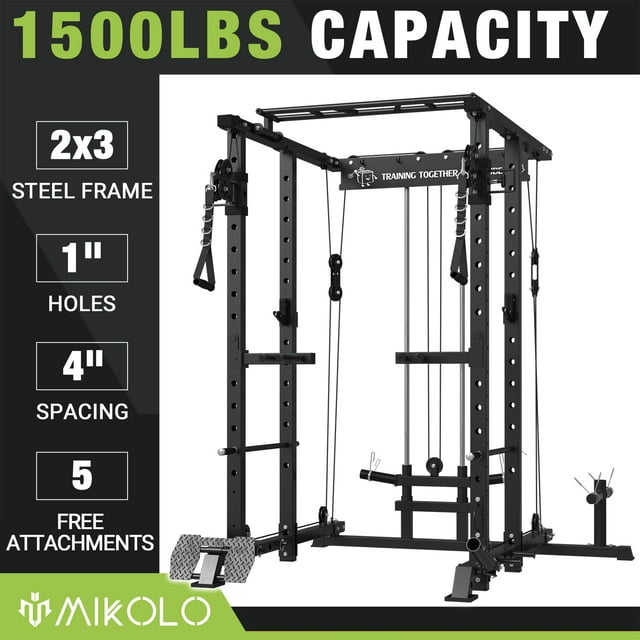 Mikolo Power Rack Cage, 1500 lbs Weight Rack with Cable Crossover Machine,Multi-Function Squat Rack with J Hooks,Dip Bars and Landmine for Home Gym (Red&Black)