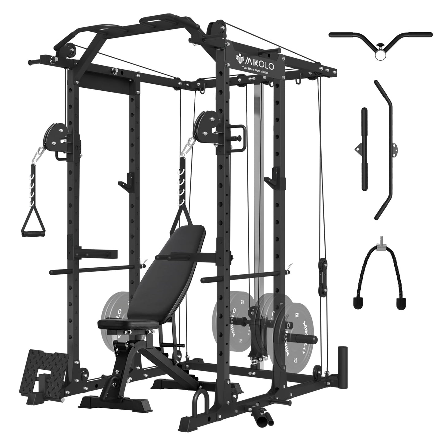 Mikolo Power Rack Cage, 1500 lbs Weight Rack with Cable Crossover Machine,Multi-Function Squat Rack with J Hooks,Dip Bars and Landmine for Home Gym (Black)