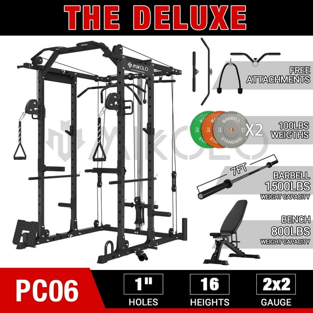 Mikolo Power Rack Cage, 1500 lbs Weight Rack with Cable Crossover Machine,Multi-Function Squat Rack with J Hooks,Dip Bars and Landmine for Home Gym (Black)