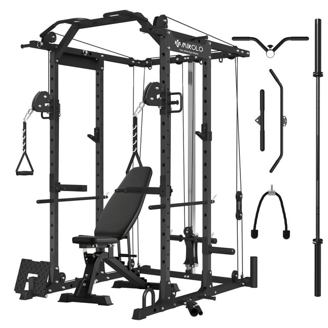 Mikolo Power Rack Cage, 1500 lbs Weight Rack with Cable Crossover Machine,Multi-Function Squat Rack with J Hooks,Dip Bars and Landmine for Home Gym (Black)