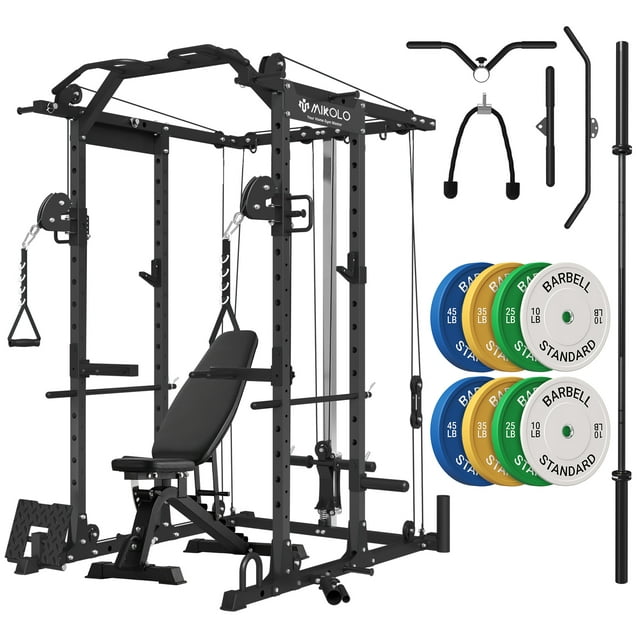 Mikolo Power Rack Cage, 1500 lbs Weight Rack with Cable Crossover Machine,Multi-Function Squat Rack with J Hooks,Dip Bars and Landmine for Home Gym (Black)