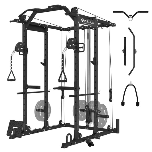 Mikolo Power Rack Cage, 1500 lbs Weight Rack with Cable Crossover Machine,Multi-Function Squat Rack with J Hooks,Dip Bars and Landmine for Home Gym (Black)