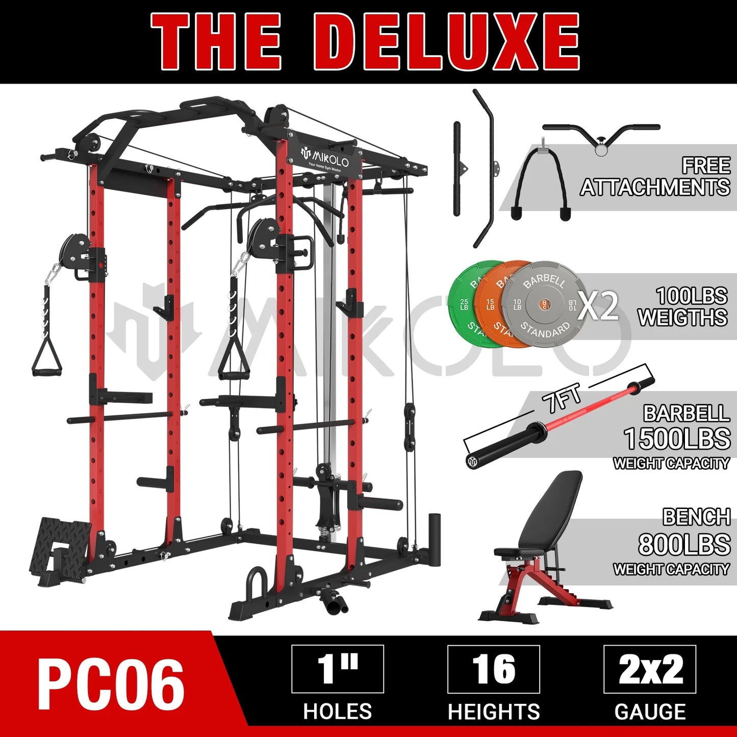 Mikolo Power Rack Cage, 1500 lbs Weight Rack with Cable Crossover Machine,Multi-Function Squat Rack with J Hooks,Dip Bars and Landmine for Home Gym (Red)