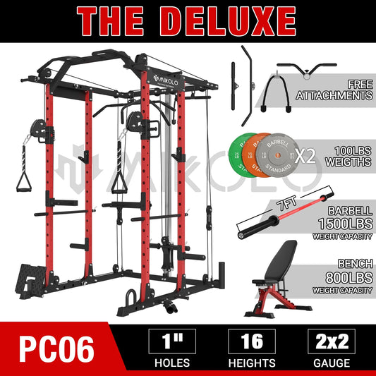 Mikolo Power Rack Cage, 1500 lbs Weight Rack with Cable Crossover Machine,Multi-Function Squat Rack with J Hooks,Dip Bars and Landmine for Home Gym (Red)