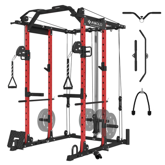 Mikolo Power Rack Cage, 1500 lbs Weight Rack with Cable Crossover Machine,Multi-Function Squat Rack with J Hooks,Dip Bars and Landmine for Home Gym (Red)