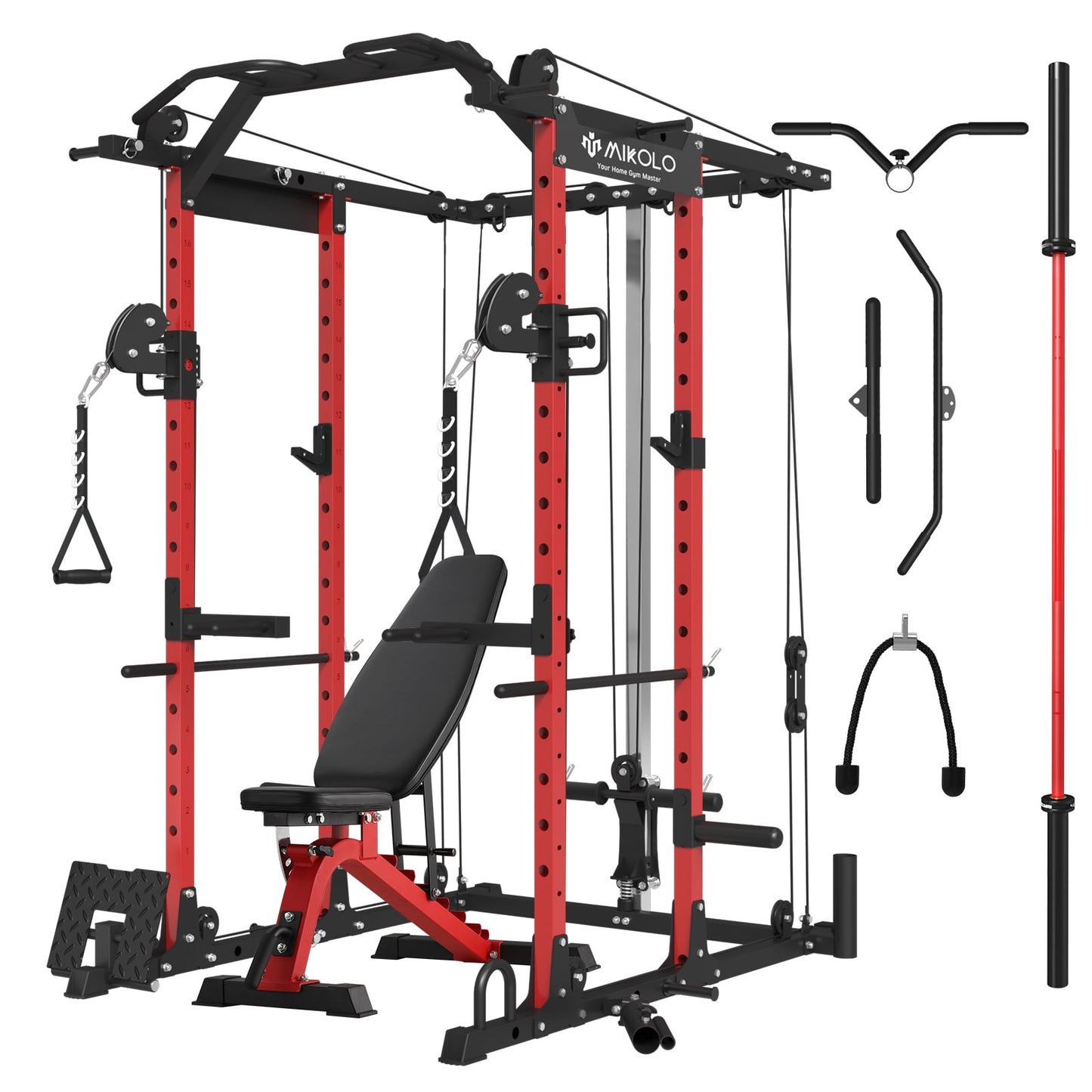 Mikolo Power Rack Cage, 1500 lbs Weight Rack with Cable Crossover Machine,Multi-Function Squat Rack with J Hooks,Dip Bars and Landmine for Home Gym (Red)