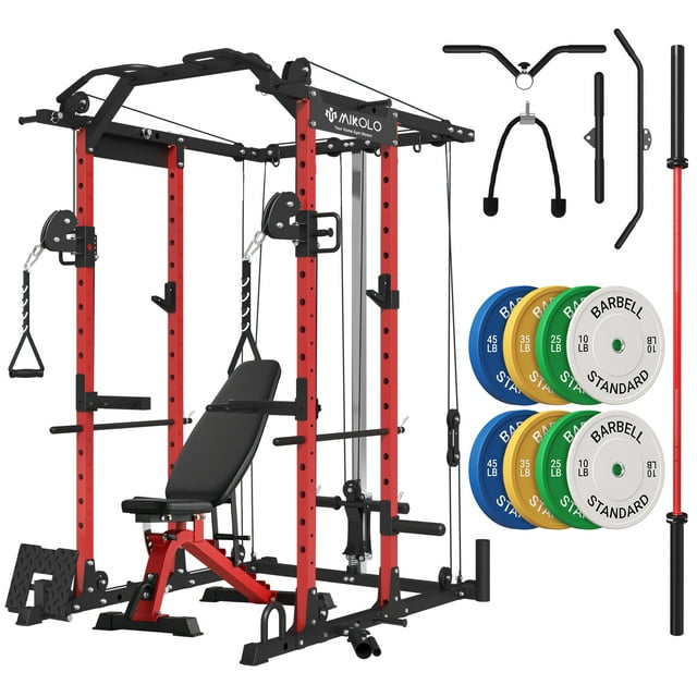 Mikolo Power Rack Cage, 1500 lbs Weight Rack with Cable Crossover Machine,Multi-Function Squat Rack with J Hooks,Dip Bars and Landmine for Home Gym (Red)