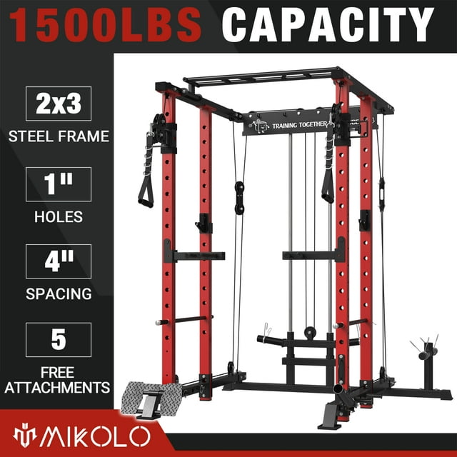 Mikolo Power Rack Cage, 1500 lbs Weight Rack with Cable Crossover Machine,Multi-Function Squat Rack with J Hooks,Dip Bars and Landmine for Home Gym (Red&Black)