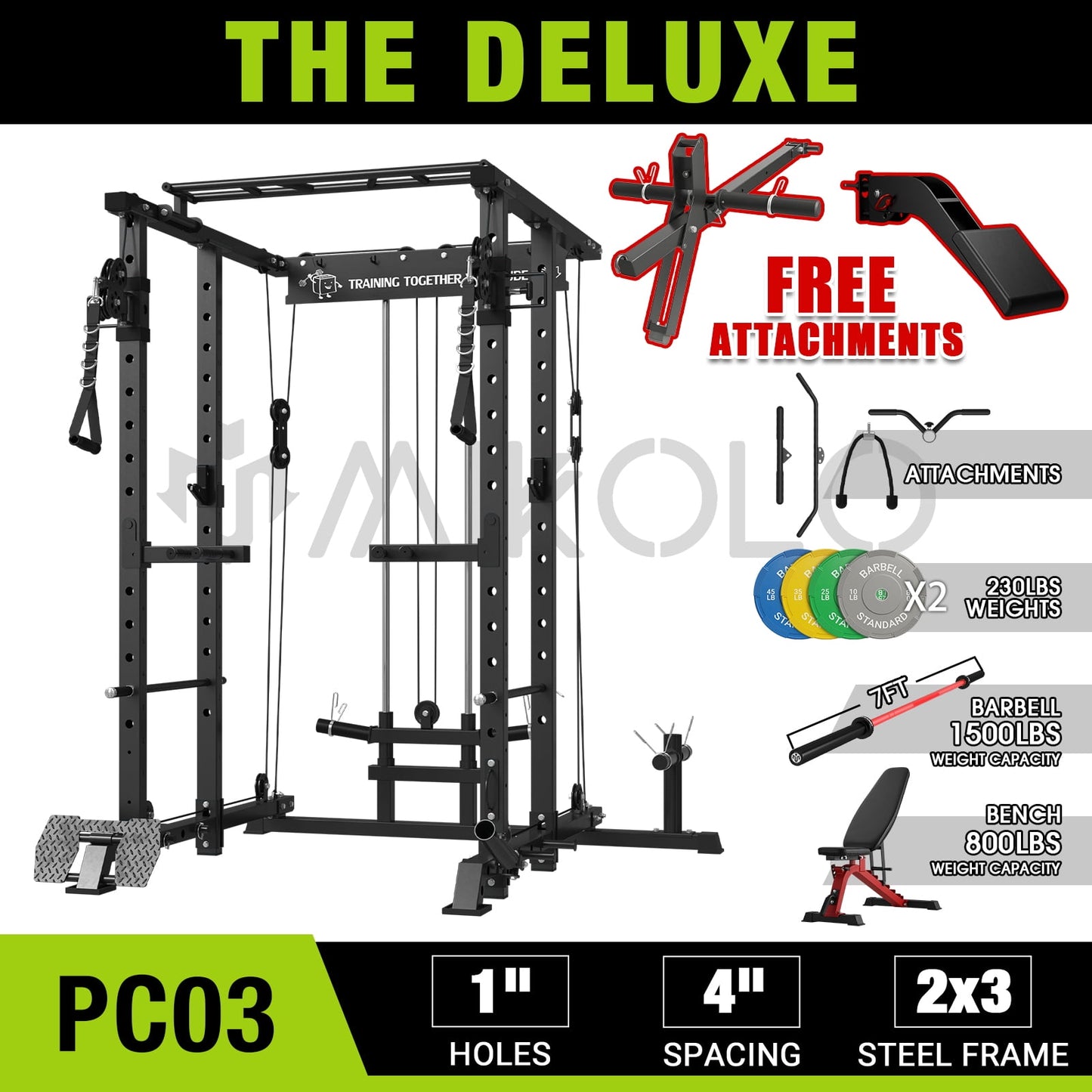 Mikolo Power Rack Cage, 1500LBS Weight Cage with 800LB Capacity Adjustable Weight Bench, 1500LB Capacity Barbell and 230LB Weight Plate set Combo, Home Gym Package