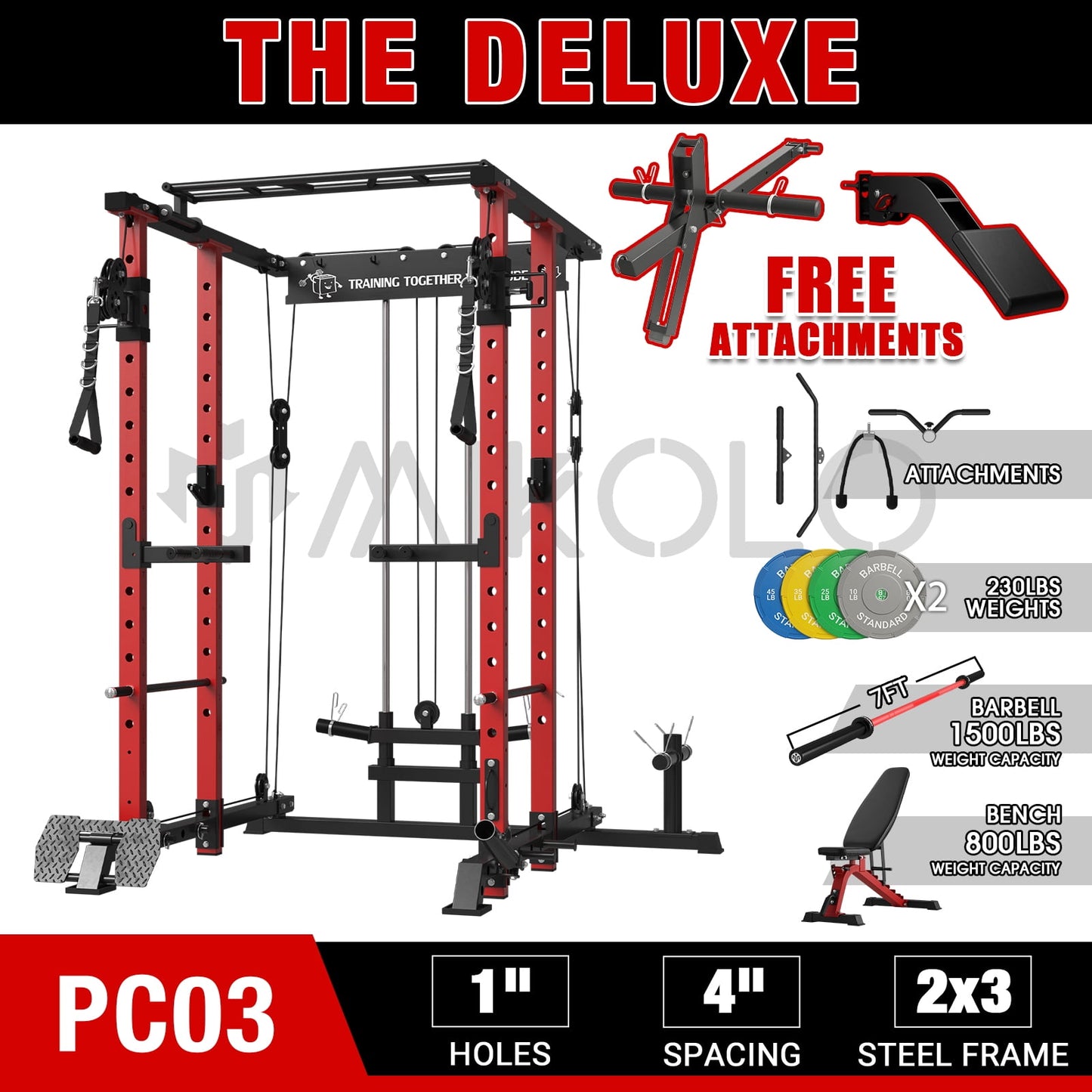 Mikolo Power Rack Cage, 1500LBS Weight Cage with 800LB Capacity Adjustable Weight Bench, 1500LB Capacity Barbell and 230LB Weight Plate set Combo, Home Gym Package