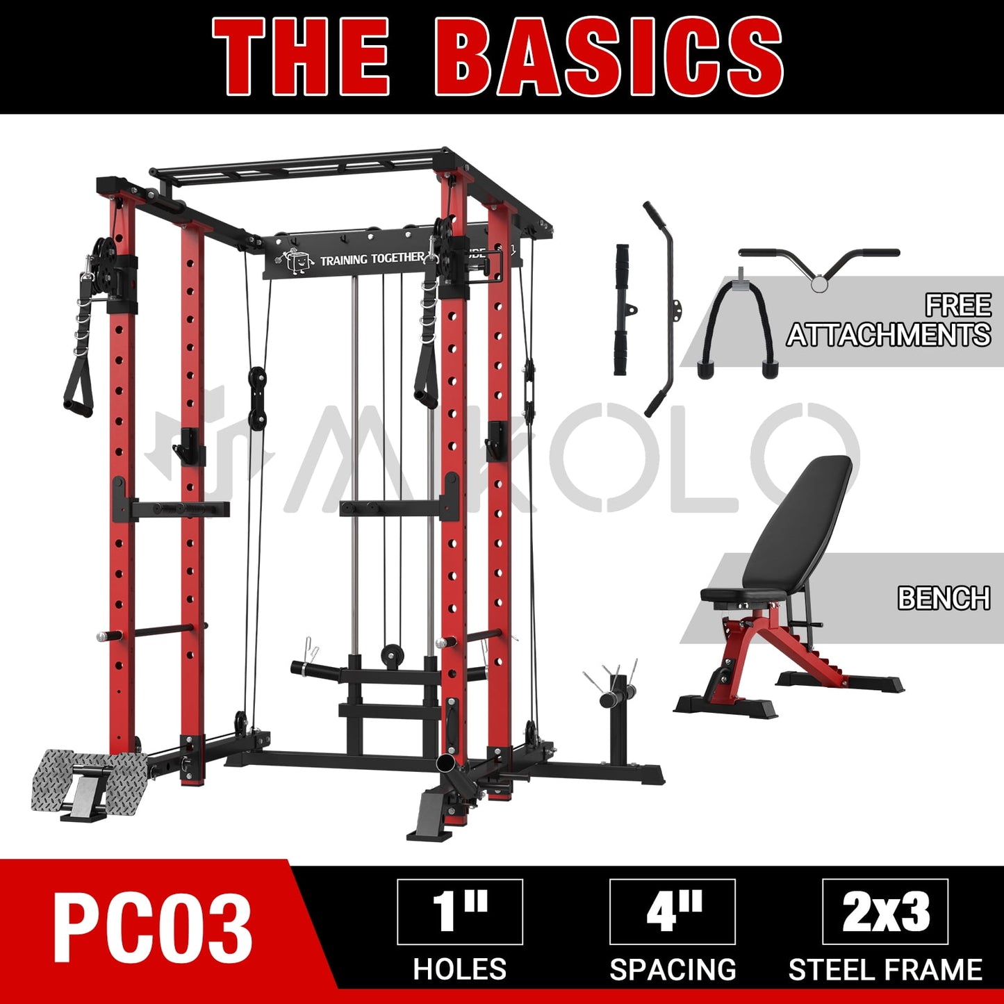 Mikolo Power Rack Cage, 1500LBS Weight Cage with 800LB Capacity Adjustable Weight Bench, Multi-Function Workout Rack Cage with Storage System, J-Hook, Band Peg, Battle Rope Ring Home Gym