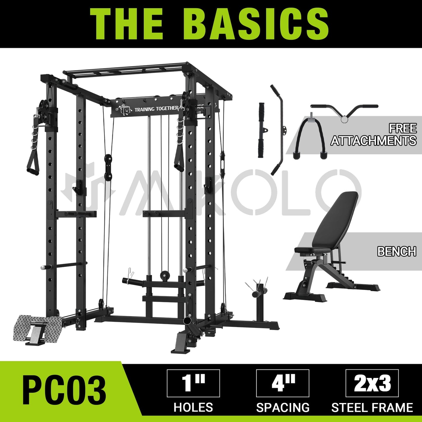 Mikolo Power Rack Cage, 1500LBS Weight Cage with 800LB Capacity Adjustable Weight Bench, Multi-Function Workout Rack Cage with Storage System, J-Hook, Band Peg, Battle Rope Ring Home Gym