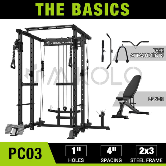 Mikolo Power Rack Cage, 1500LBS Weight Cage with 800LB Capacity Adjustable Weight Bench, Multi-Function Workout Rack Cage with Storage System, J-Hook, Band Peg, Battle Rope Ring Home Gym