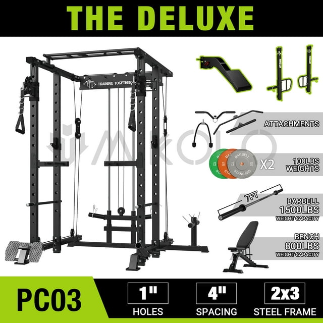 Mikolo Power Rack Cage, 1500LBS Weight Cage with 800LB Capacity Adjustable Weight Bench, 1500LB Capacity Barbell and 100LB Weight Plate set Combo