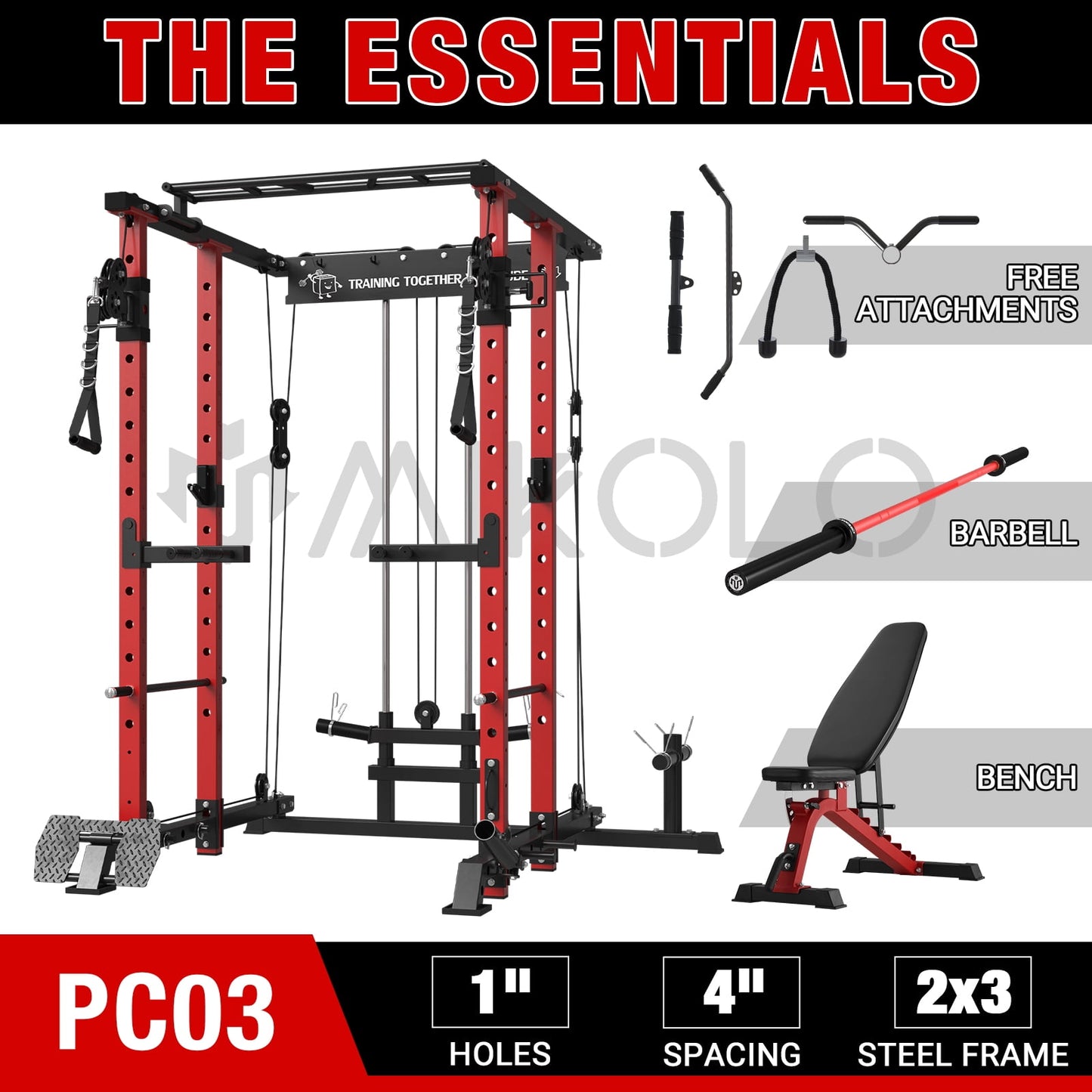 Mikolo Power Rack Cage, 1500LBS Weight Cage with 800LB Capacity Adjustable Weight Bench and 1500LBS Capacity Barbell Combo