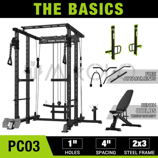 Mikolo Power Rack Cage, 1500LBS Weight Cage with 800LB Capacity Adjustable Weight Bench and Jammer Arm