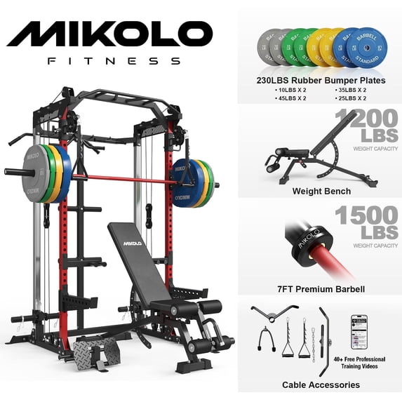 Mikolo Power Rack Cage, Weight Rack with Dual Pulley Cable Crossover Machine,Multi-Function Squat Rack with J Hooks,Dip Bars and Landmine for Home Gym (Black)