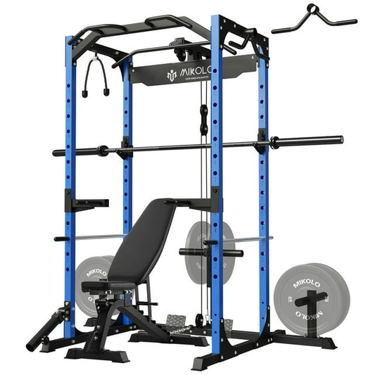 Mikolo Power Rack Cage with LAT Pulldown System,1200 lbs Capacity Power Rack with 800 lbs Capacity Weight Bench and 1500 lbs Capacity Barbell Combo (Upgraded)