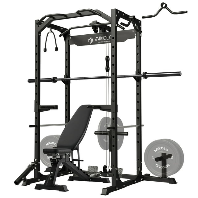 Mikolo Power Rack Cage with LAT Pulldown System,1200 lbs Capacity Power Rack with 800 lbs Capacity Weight Bench and 1500 lbs Capacity Barbell Combo (Upgraded)