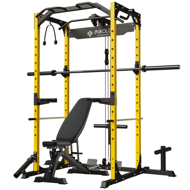 Mikolo Power Rack Cage with LAT Pulldown System,1200 lbs Capacity Power Rack with 800 lbs Capacity Weight Bench and 1500 lbs Capacity Barbell Combo (Upgraded)