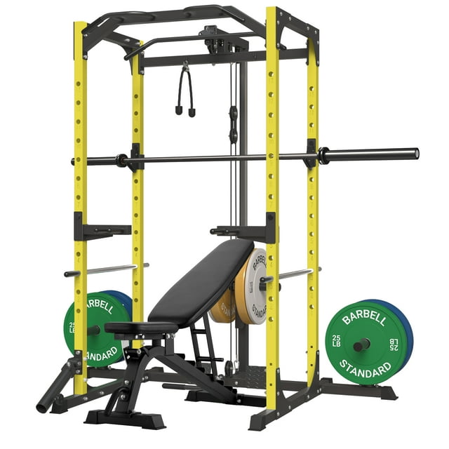 Mikolo Power Rack Cage with LAT Pulldown System,1200 lbs Capacity Power Rack with 800 lbs Capacity Weight Bench and 1500 lbs Capacity Barbell Combo (Upgraded)