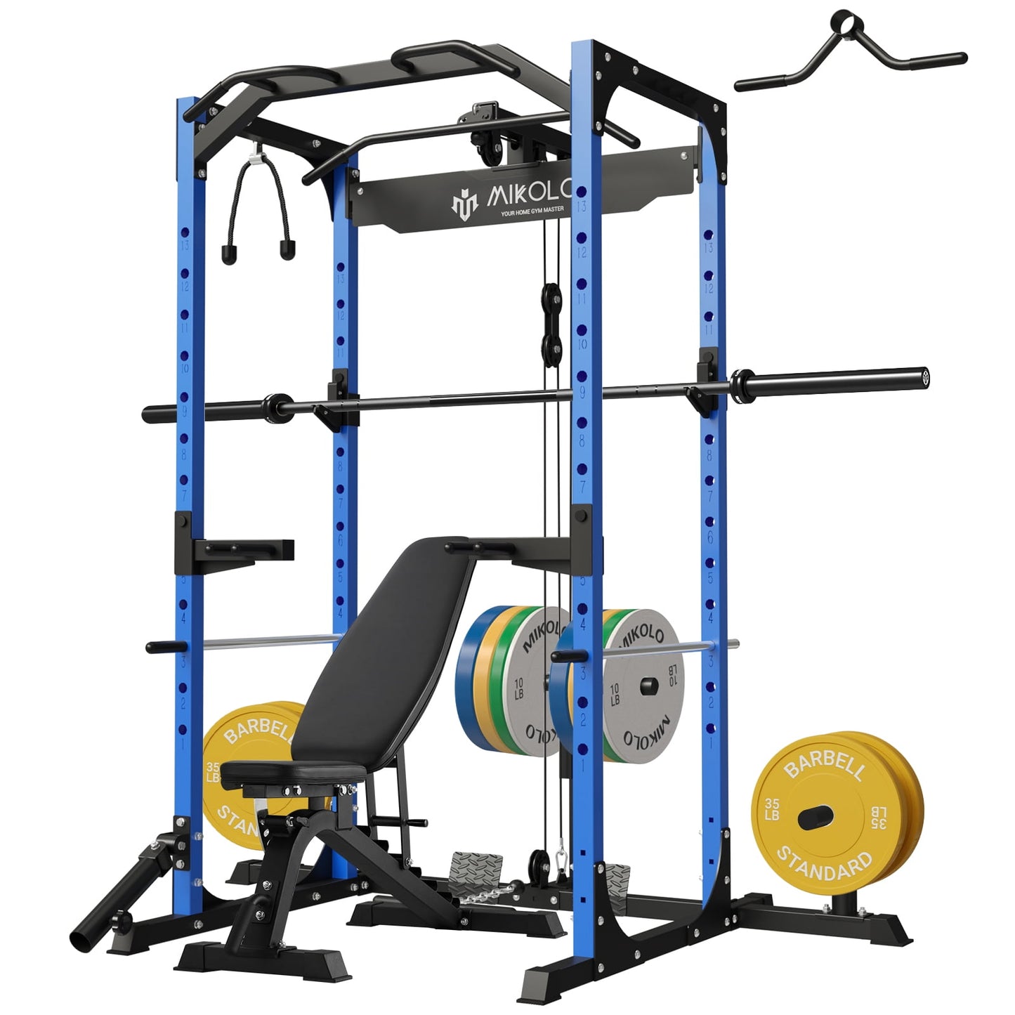 Mikolo Power Rack Cage with LAT Pulldown System,1200 lbs Capacity Power Rack with 800 lbs Capacity Weight Bench and 1500 lbs Capacity Barbell Combo (Upgraded)