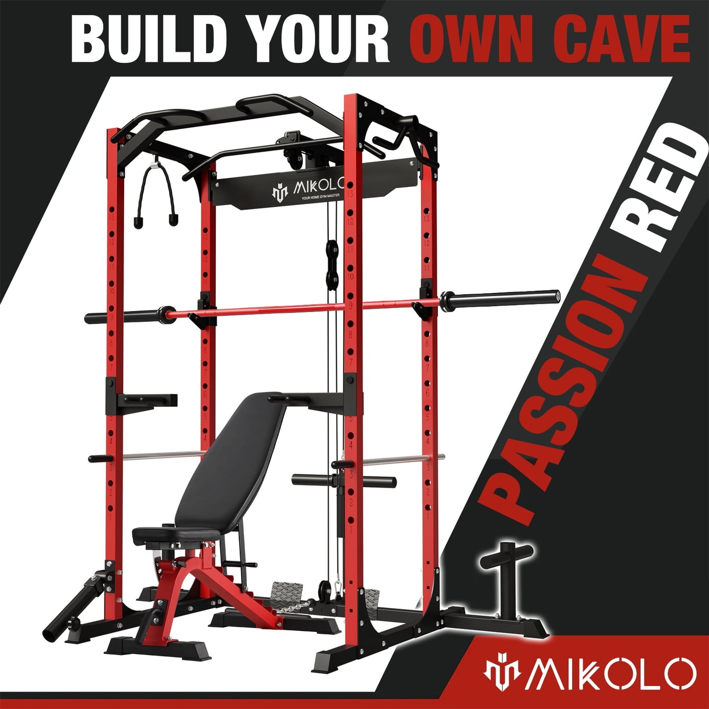 Mikolo Power Rack Cage with LAT Pulldown System,1200LBS Capacity Power Rack, Multi-Functional Squat Rack with 13-Level Adjustable Height and J-Hooks, Dip Bars, T-Bar, Gym Equipment (Upgraded)