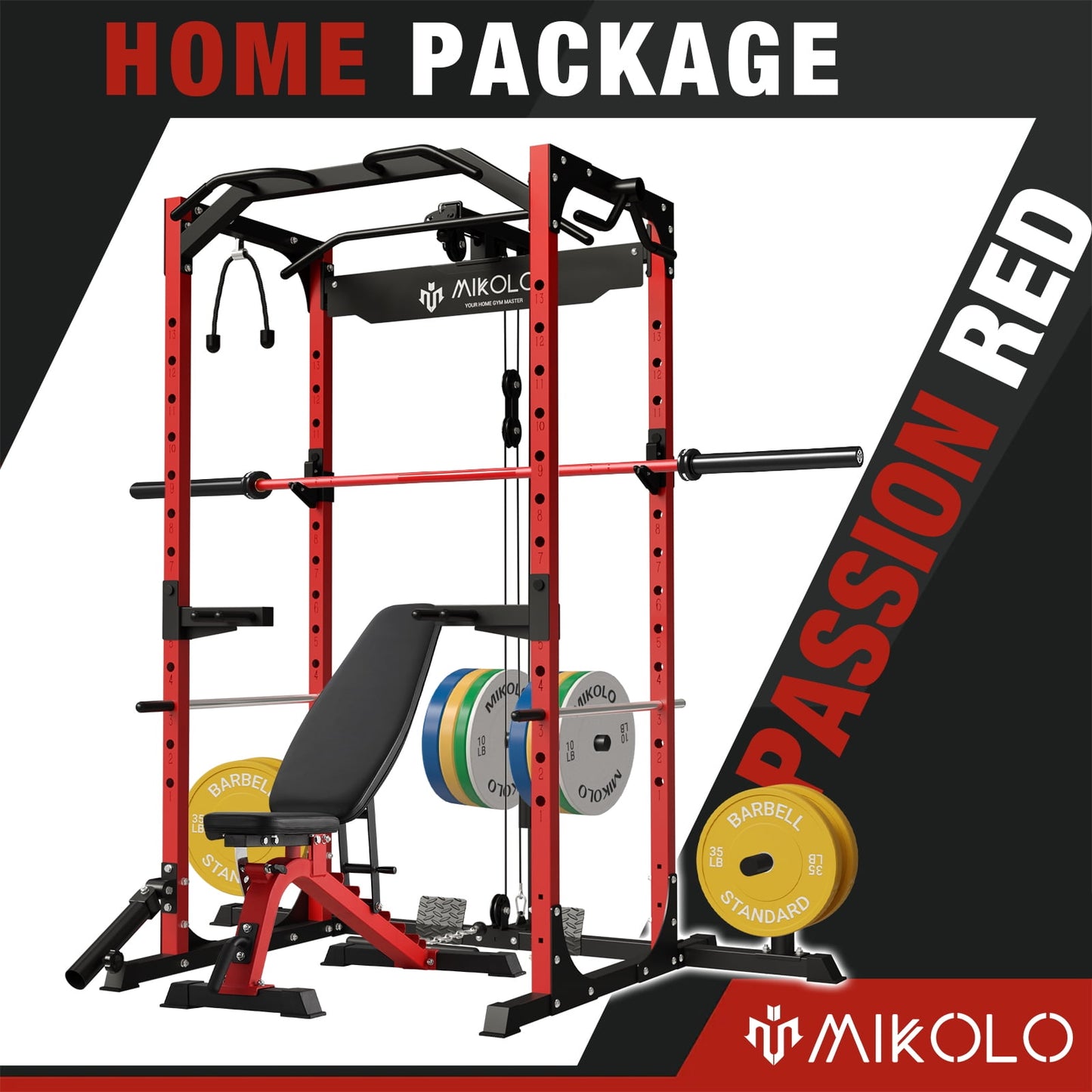 Mikolo Power Rack Cage with LAT Pulldown System,1200LBS Capacity Power Rack, Multi-Functional Squat Rack with 13-Level Adjustable Height and J-Hooks, Dip Bars, T-Bar, Gym Equipment (Upgraded)